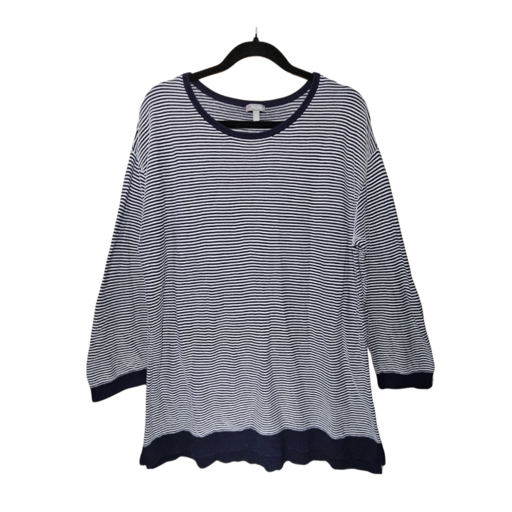 Talbots Women's SIZE XL Stretchy Ribbed Knit Striped 3/4 Sleeve Top Navy Blue
